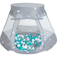 Tente de jeu pour enfants Selonis - Château avec 100 balles plastiques - Gris-Blanc-Turquoise