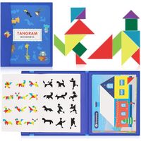 Puzzle Tangram Magnétique Jeux Montessori Blocs en Bois Jouets éducatifs avec Solution Blocs de Motifs Jeu de Voyage