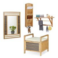 4 tlg Dielen Set Bambus, Sitzhocker mit Stauraum u. Sitzkissen, Wandspiegel, Wandgarderobe mit Hutablage, Schlüsselbrett