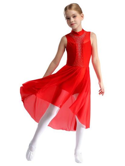 Robe De Danse Latine Fille Dos Nu Avec Strass - Tulle Et Maille - Pour Compétition, Spectacle, Danse Moderne