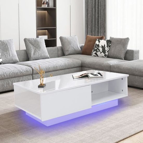 Table de rangement de salon de table basse rectangulaire rectangulaire blanche moderne avec lumière LED (prise 220V UK)