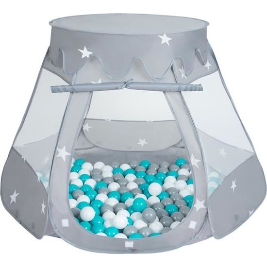 Tente de jeu pour enfants Selonis - Château avec 100 balles plastiques - Gris-Blanc-Turquoise