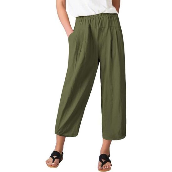 Pantalon Femme Été UMIPUBO - Coton 100% - Taille Élastique - 7/8 Large - Avec Poches