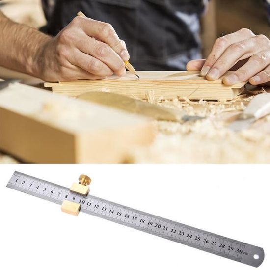 Règle De Traçage En Métal Type T Avec Bloc Coulissant 45° - Double échelle Métrique/impériale - Pour Bois, Métal, Bricolage