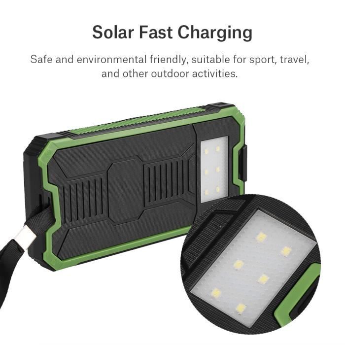 Batterie Externe 20000mAh Dual USB, Chargeur Rapide Solaire Portable - Vert