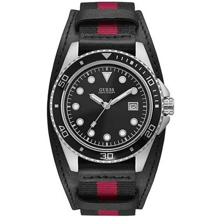 GUESS Crew Homme 44mm Bracelet Cuir Bicolore Quartz Cadran Noir Montre W1051G1