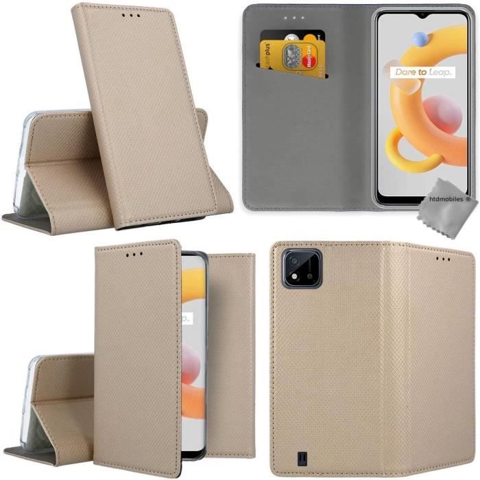 Housse etui portefeuille avec coque intérieure en silicone pour Realme C11 2021 + verre trempe - OR MAGNET