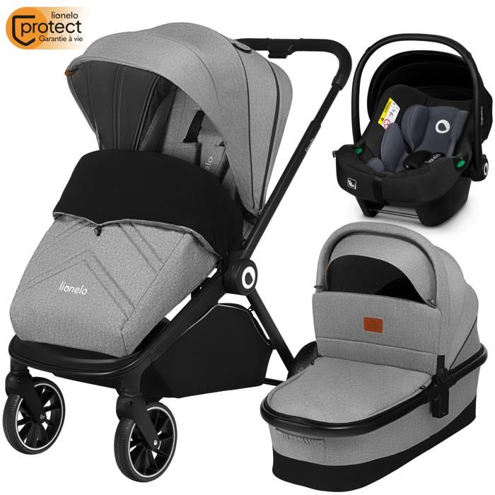 LIONELO Mika poussette bébé 3en1, nacelle et siège auto, fonction porte-bébé, moustiquaire, chauffe-pieds, habillage de pluie, Gris