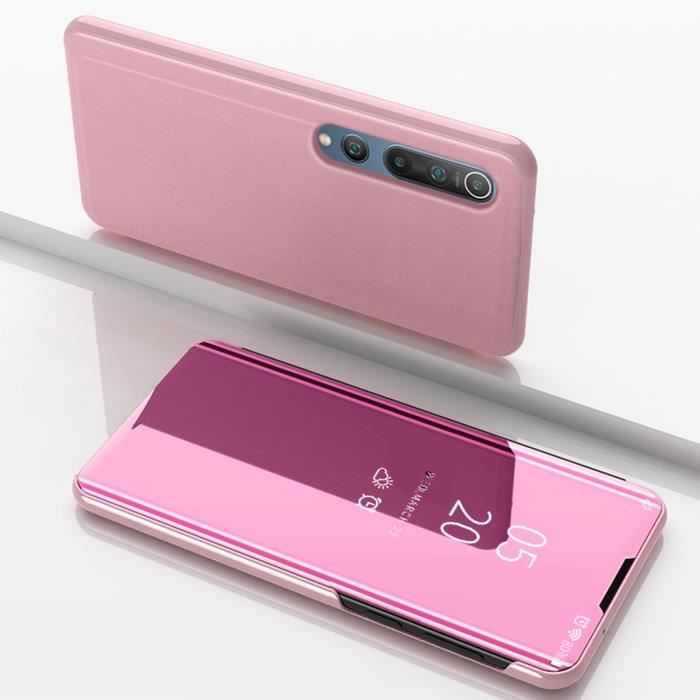Coque Xiaomi Mi 10 5G/10 Pro 5G, Clear View Étui à Rabat Translucide Standing Support Miroir Antichoc Portable Housse - Rose or