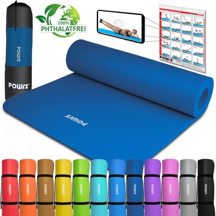 POWRX- Tapis de gymnastique / de yoga avec sangle de transport + sac (Bleu royal -183 x 60 x 1 cm)