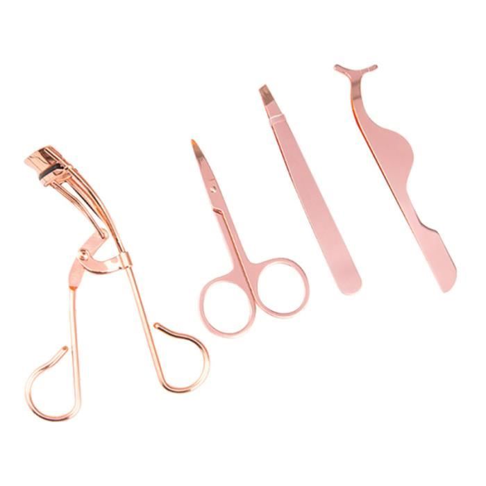 4pcs Stainless Steel Beauty Tools Portable Multi-function Eyelash Curler Tweezers Eyebrow Scissors Set (Rose Gold) RECOURBE CILS