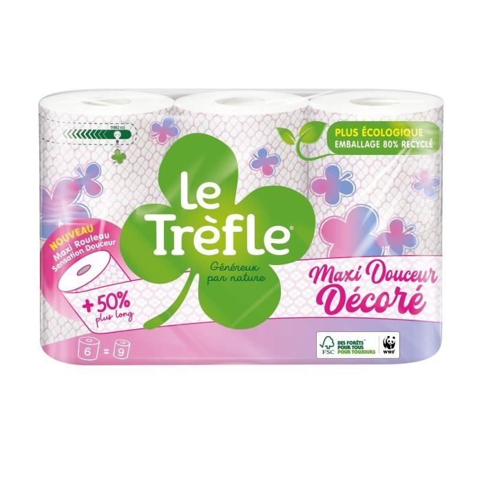 LE TREFLE Papier toilette Maxi douceur - Décoré - x6 = 9 rouleaux