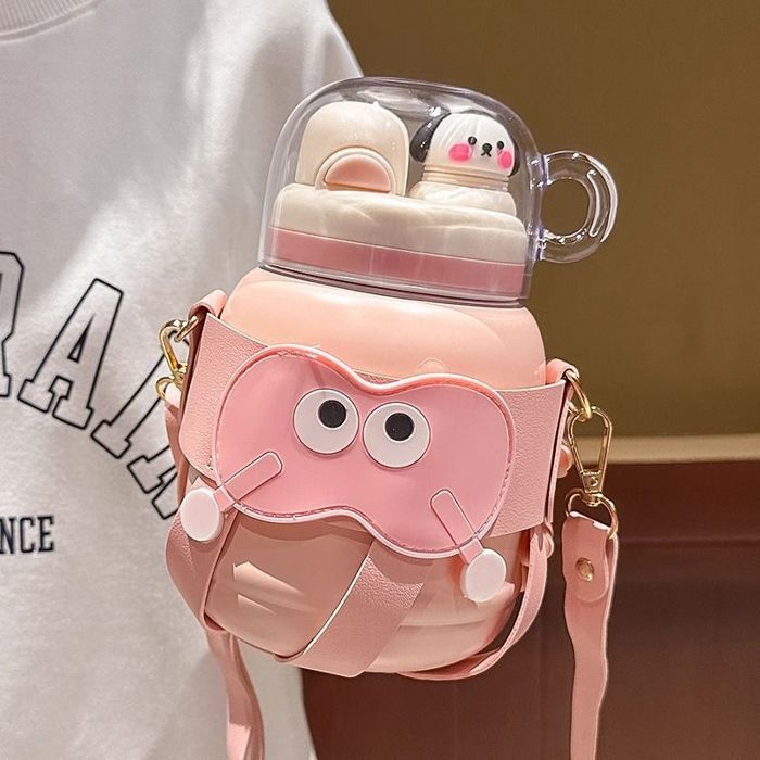 Gourde Tasse thermos de dessin animé mignon grande capacité et portable tasse thermos dextérieur à gros ventre  rose chien
