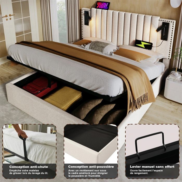Lit 140x200 avec Rangement et LED - Lit Coffre 2 Personnes avec Sommier pour Adulte - Beige - Lampe de Lecture - Rivet - Coton