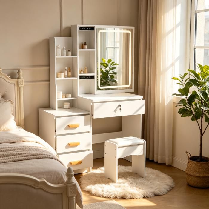Coiffeuse avec tabouret, miroir avec lumière LED réglable, 4 tiroirs, 3 étagères, 90 x 37 x 135 cm, blanc