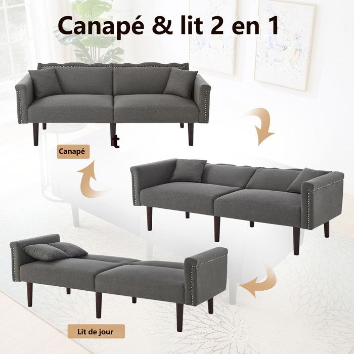 Canapé Convertible 2 Places Avec Dossier Réglable Porte-gobelets Coussins Fonction Couchage