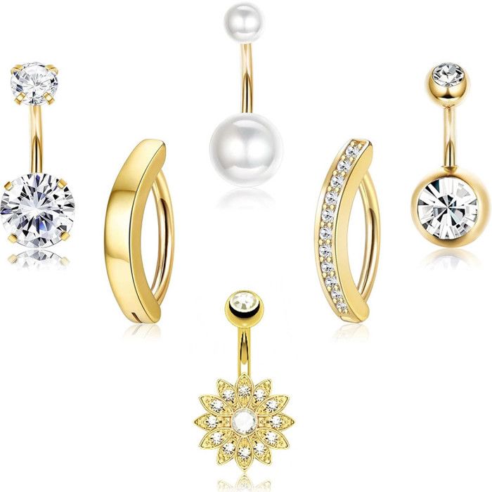 Diamday Lot De 5 Piercings Nombril Acier Chirurgical 14G Avec Pendentifs CZ – Cœur, Papillon, Fleur, Étincelant – Or Et Argenté