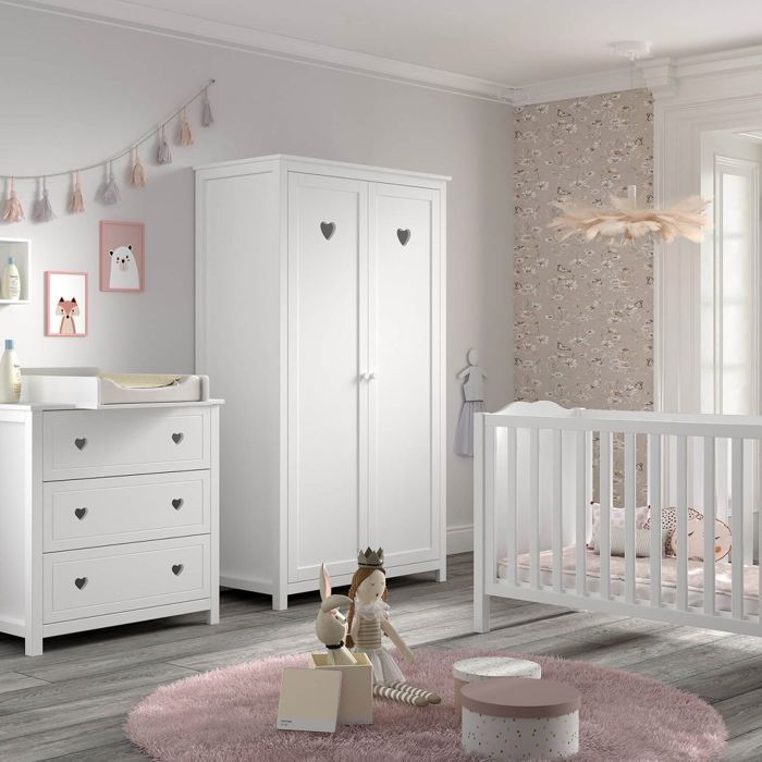 MILADY - Chambre bébé avec Armoire 2 Portes Commode et Plan à langer laqué Blanc