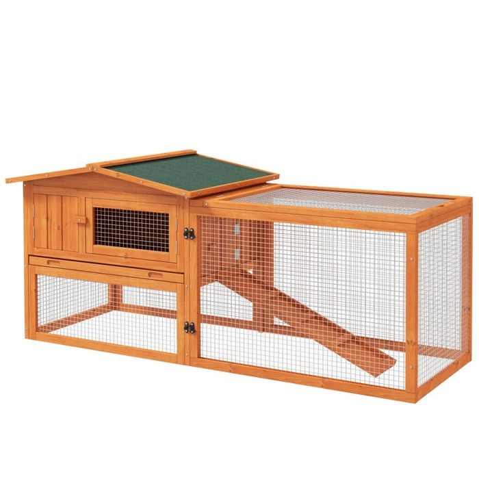 Meilleurs prix pour Clapier Petits Animaux Bois Sapin 156x58x68cm Toit Asphalte Maison Extérieur Intérieur Bac Sol Rampe Orange Clapier Lapin