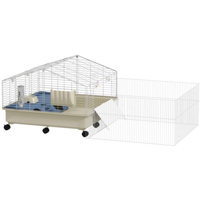 Enclos - Chenil Cage pour lapin et rongeurs avec parc roues rampe mangeoire à foin bol et bouteille deau - Blanc