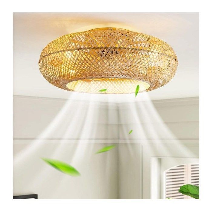 Ventilateur de plafond en rotin avec éclairage télécommande 6 vitesses de ventilation minuteur silencieux ampoule E27 8-15㎡ - Uverbon