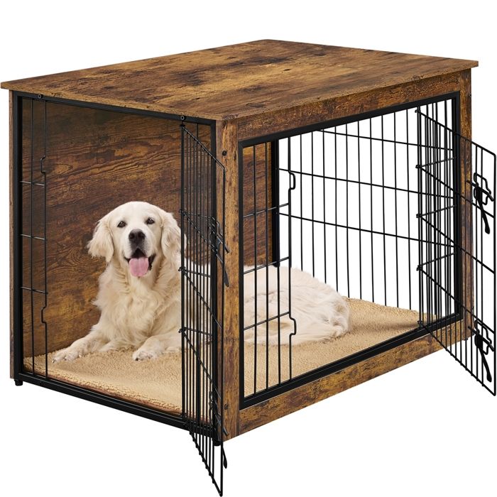 Comparer les prix de Yaheetech Cage pour Chien en Bois avec 2 Portes Grillagées à Double Serrure et Tapis Pelucheux Antidérapant Brun Rustique