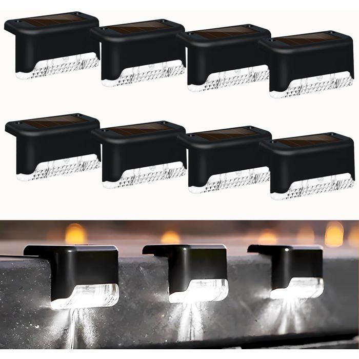®RisingFF Lot de 8 lampes solaires dextérieur à LED étanches pour terrasse escalier (lumière blanche) [Classe énergétique A]