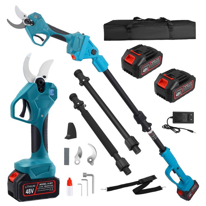 Sécateur électrique 2 en 1 sans fil Avec batterie 21 V 2 x 30 Ah et tige dextension de 23 m Diamètre de coupe 40 cm Écran LCD