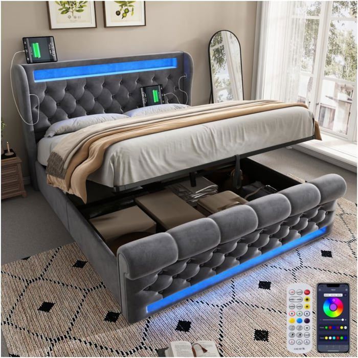 Lemonbest Lit Double rembourré avec LED 140 x 200 cm Lit coffre avec relevage hydraulique et Ports USB et Type-C Velours + Gris