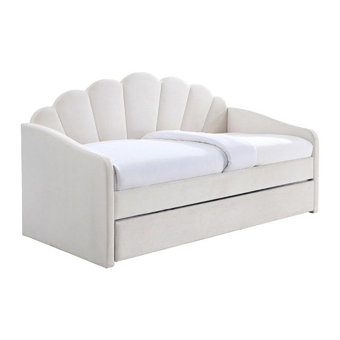 Lit gigogne coquillage 2 x 90 x 190 cm - Velours - Blanc - ELUSIA Lit gigogne coquillage 2 x 90 x 190 cm - Velours - Blanc - ELUSIA