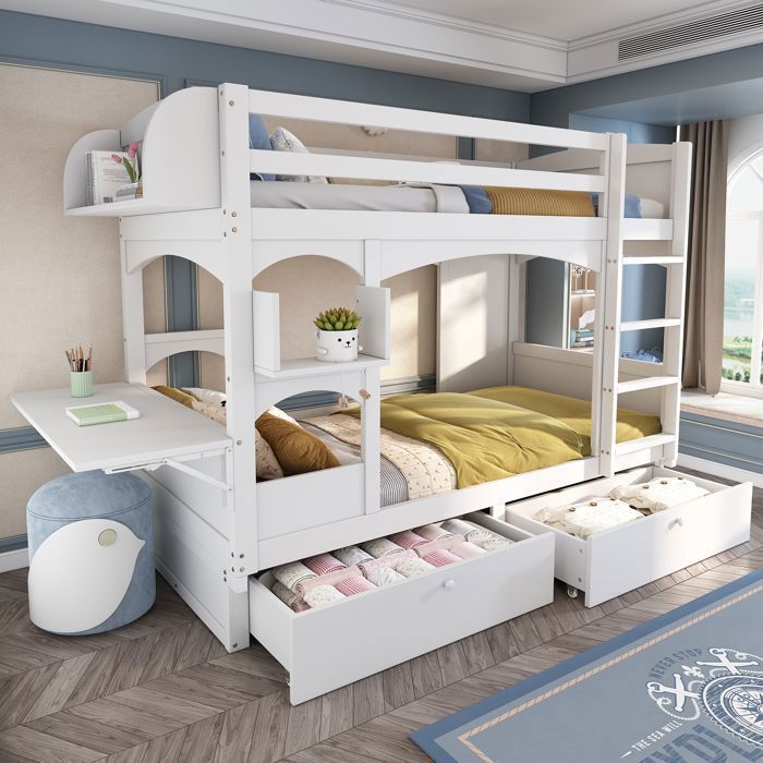 Lit Superposé Enfant - MERAX - 90x200 cm - Bois Massif - Bureau Pliant - 2 Tiroirs - Blanc