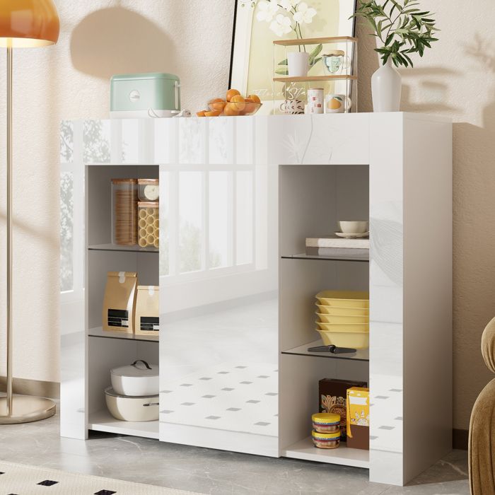 Buffet bas 95×35×83 cm avec étagères en verre Buffet de cuisine avec porte darmoire Buffet salon en brillante blanc