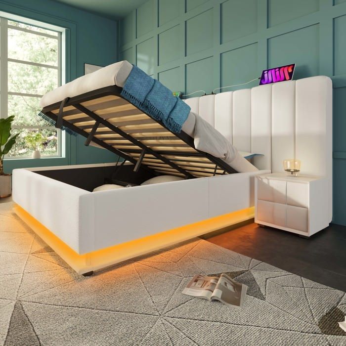 Lit coffre rembourré 180x200 cm blanc avec LED 3 USB + USB‑C sommier à lattes capacité 300 kg — sans matelas