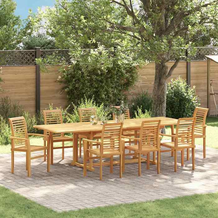 Ensemble à manger de jardin 9 pièces style naturel bois de teck marron terrasse patio jardin
