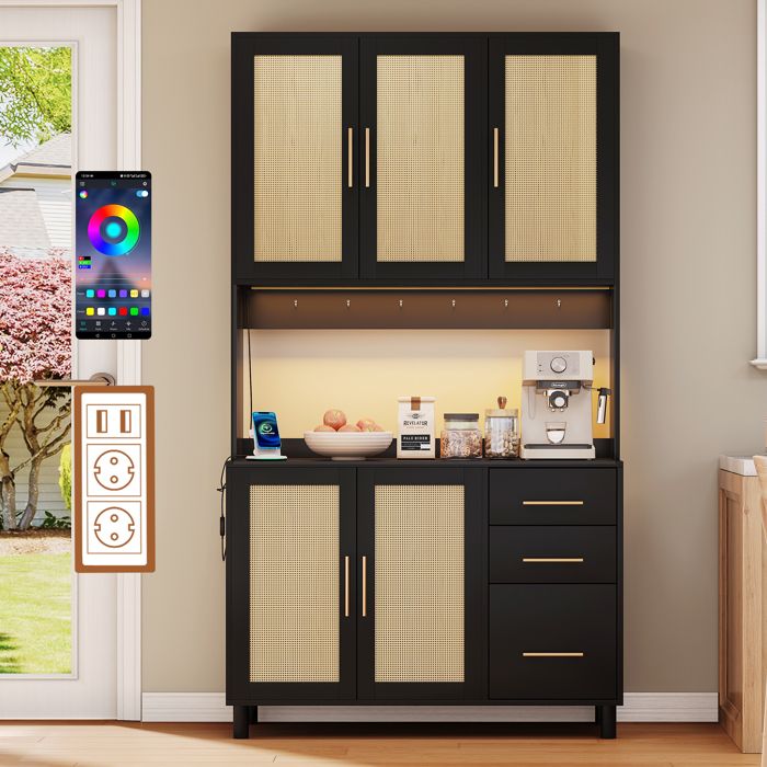 Buffet de cuisine noir 100x40x183 cm avec éclairage LED 2 prises 2 USB 5 portes 3 tiroirs étagères réglables