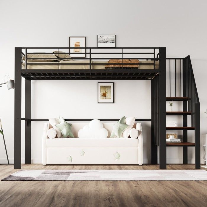 Lit mezzanine 140x200 cm noir - Structure robuste grand rangement sous le lit et escalier - Idéal enfant/adulte Sans Matelas Lit mezzanine 140x200 cm noir - Structure robuste grand rangement sous le lit et escalier - Idéal enfant/adulte Sans Matelas