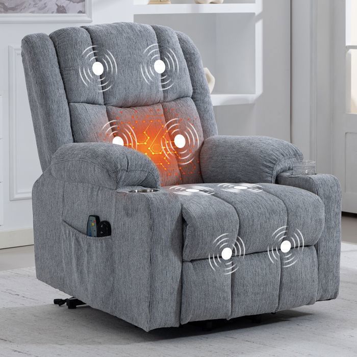 Fauteuil massant - Fauteuil relax électrique - avec poches et porte - gobelet - 91x84x106cm - gris claire