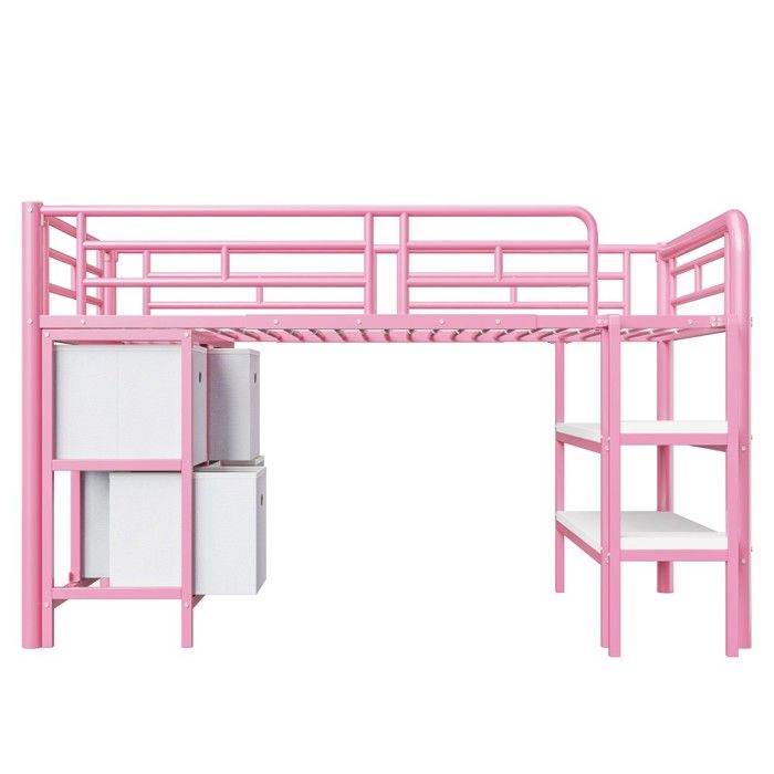 Lit mezzanine enfant 90x200 métal rose avec rangement escalier large angles arrondis tiroirs et étagères Sans Matelas