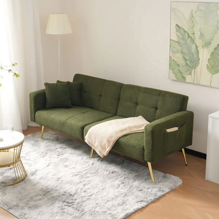 MERAX Canapé Lit Convertible - 2 Places - Tissu Sherpa - Vert Foncé et Pieds Dorés - avec Oreillers et Poches Latérales MERAX Canapé Lit Convertible - 2 Places - Tissu Sherpa - Vert Foncé et Pieds Dorés - avec Oreillers et Poches Latérales
