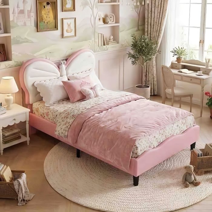 Lit Enfant Papillon - 90x200cm - LED de Lecture Intégrée - Hauteur Réglable - Velours Rose