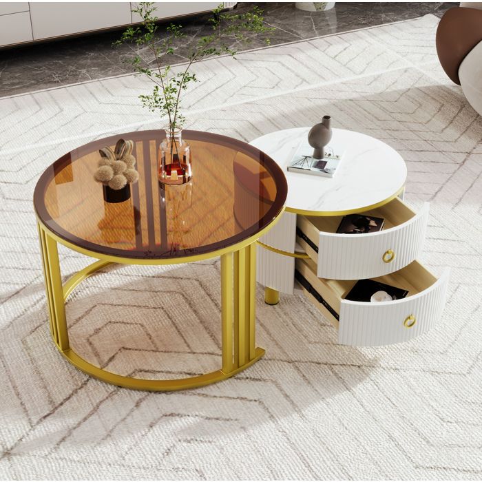 Table basse ronde 2-en-1 avec 2 tiroirs verre trempé - ELVMI - MDF blanc et doré 70×70×45 + 50×50×40 cm