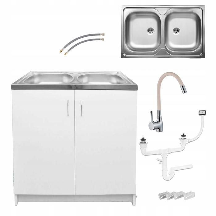 STAMAR Meuble sous Évier 80 cm Blanc + Évier Inox 2 Bacs + Robinet Extensible Beige + Siphon LV + Kit - 80x49x82 cm