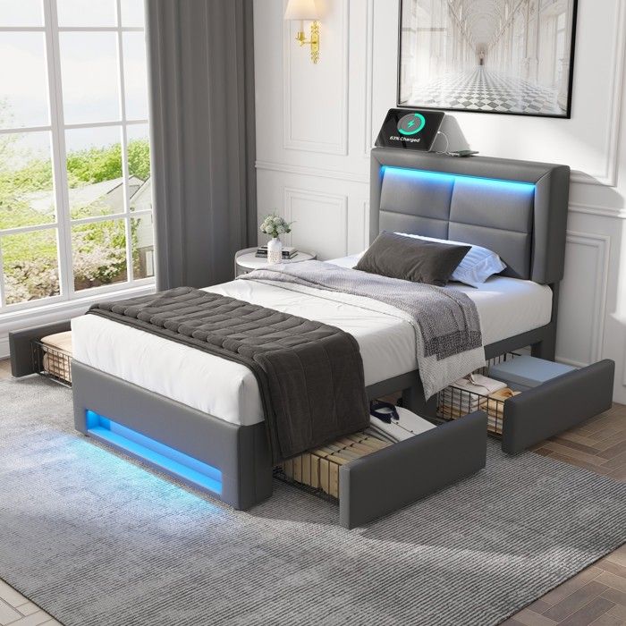 Lit Simple 90x190 cm Lit Coffre avec 4 Tiroirs et Ports USB Éclairage LED Intégré Gris Sans Matelas