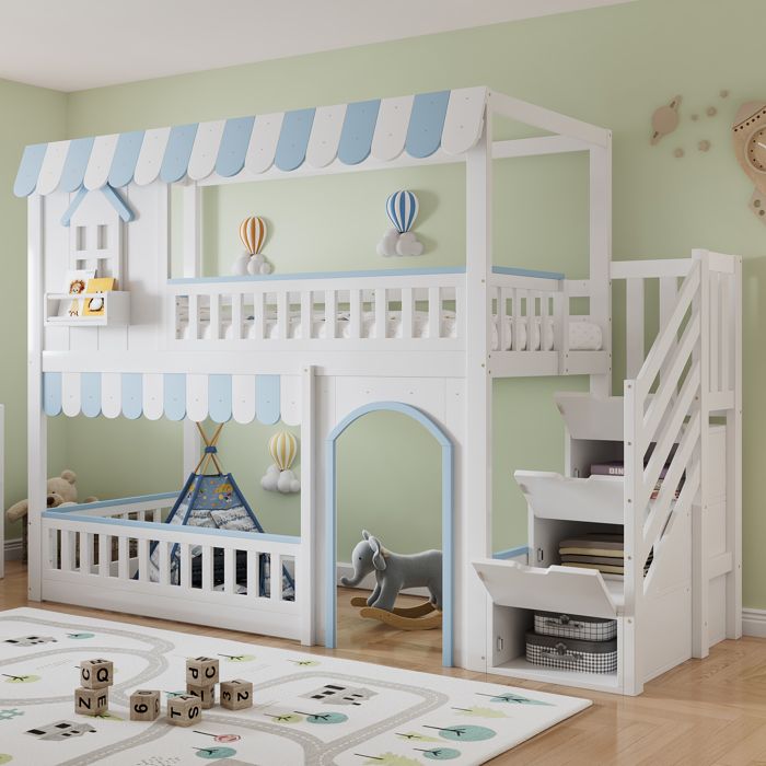Lit Mezzanine enfant - Armoire de rangement à escaliers - Fenêtres décoratives - Sommier à lattes stable