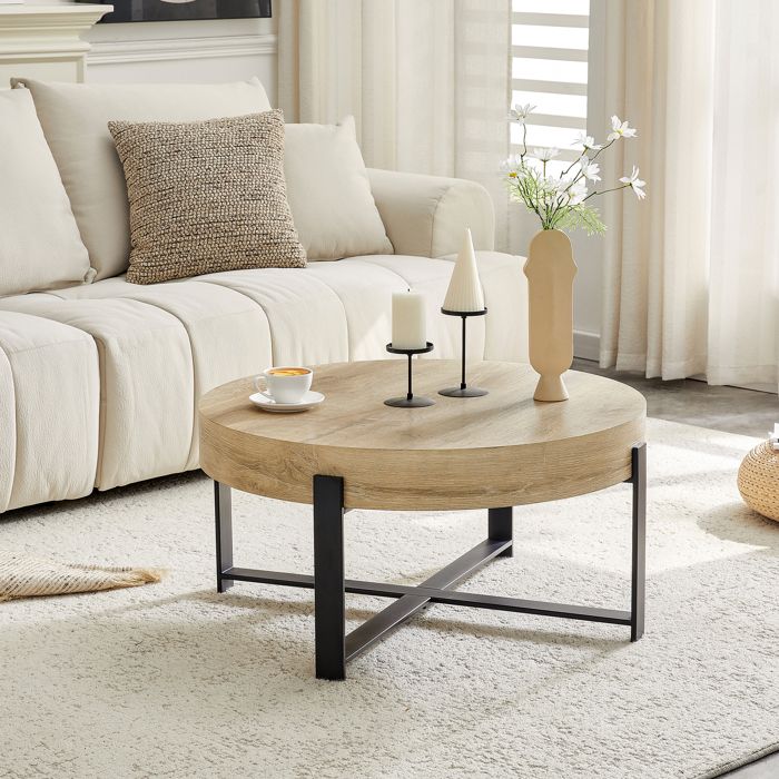 Table basse ronde 68x68x36 cm avec finition effet bois cadre en métal noir plateau en MDF naturel