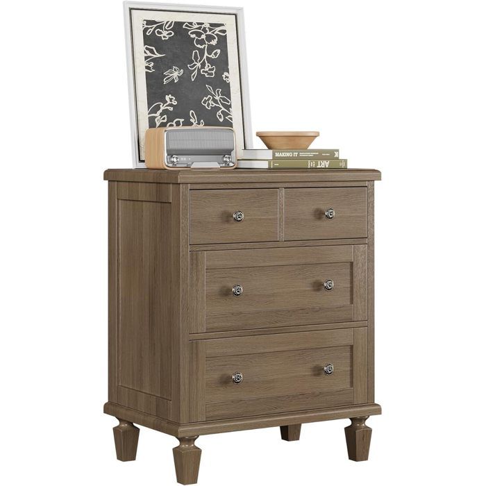 Commode de chambre-Commode Vintage 4 tiroirs -en Bois Massif- Style Campagne- -Grand capacité-poignées sculptées-Clair Marron