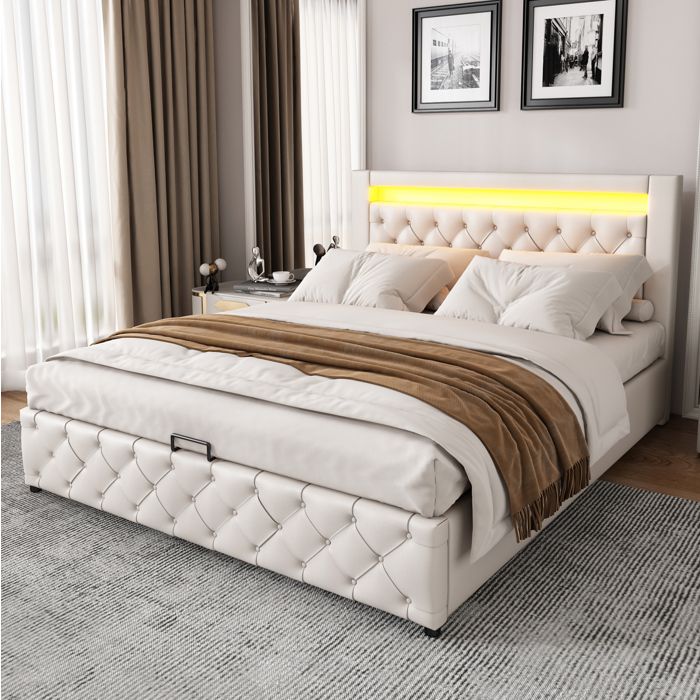 Lit double blanc 140×190 cm avec rangement hydraulique LED sommier inclus matelas non inclus