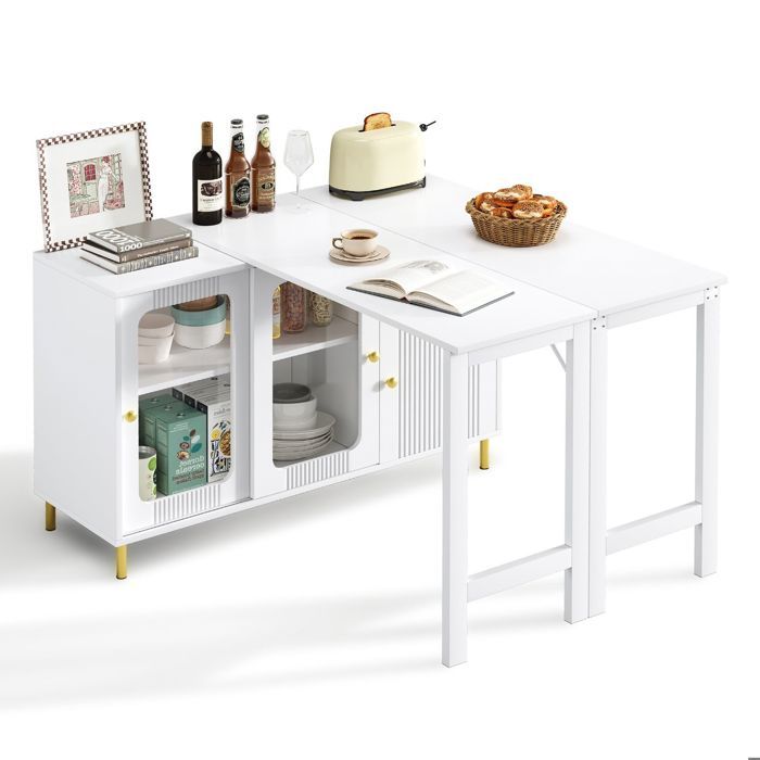 Buffet salle à manger plateau extensible Buffet cuisine portes coulissantes verre pieds métal dorés design ondulé moderne