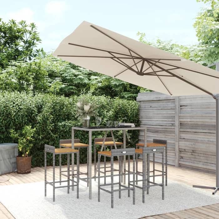 Ensemble de bar jardin - Maison Exclusive - 7 pièces - Gris rotin poly - Bois massif acacia