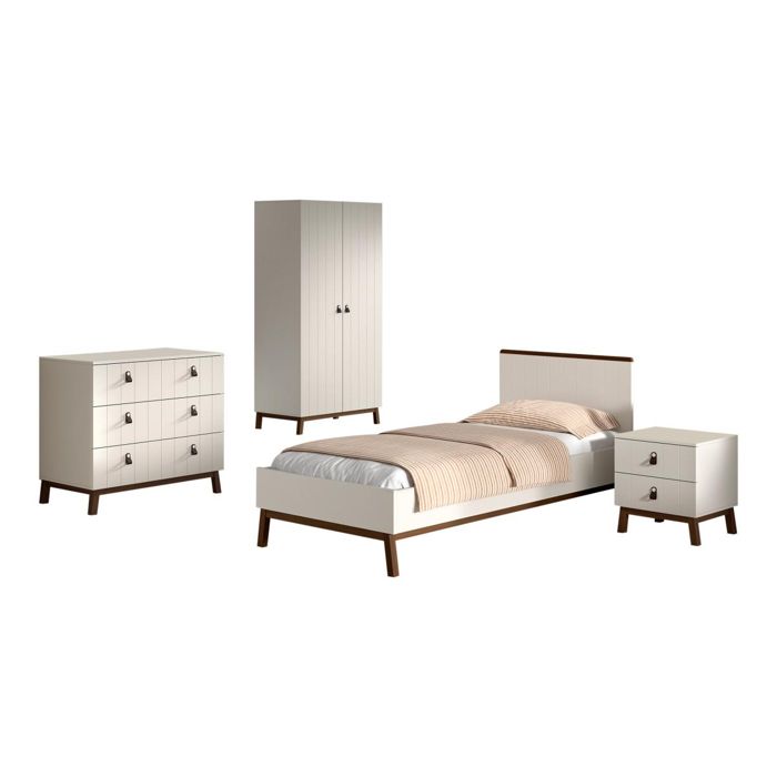Ensemble chambre - VIPACK - SEZANE - Lit 90x200 - 4 pièces (lit chevet armoire commode) - Poignées cuir